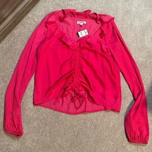 NWT Women’s Express Ruffle Drawstring Crop Top V-Neck Blouse Hot Pink Size XS